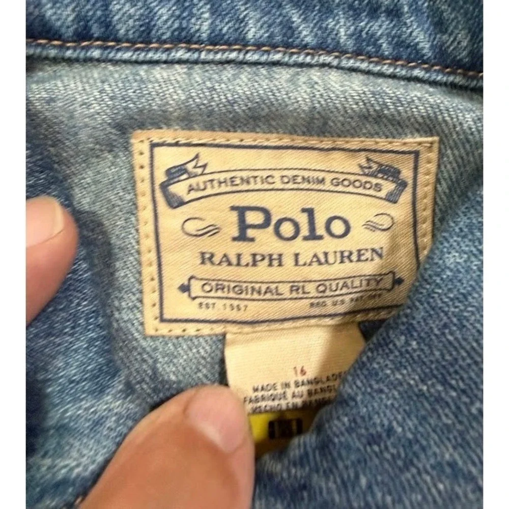 Polo Ralph Lauren Girls Blue Denim Trucker Jacket Raw Hem Light Wash Size 16